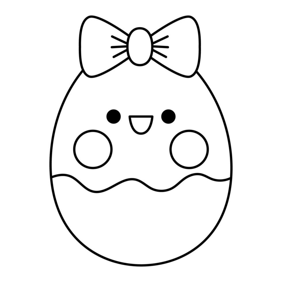 vecteur noir et blanc kawaii Oeuf icône pour enfants. mignonne ligne Pâques symbole illustration ou coloration page. marrant dessin animé personnage. adorable printemps souriant clipart avec arc et des joues