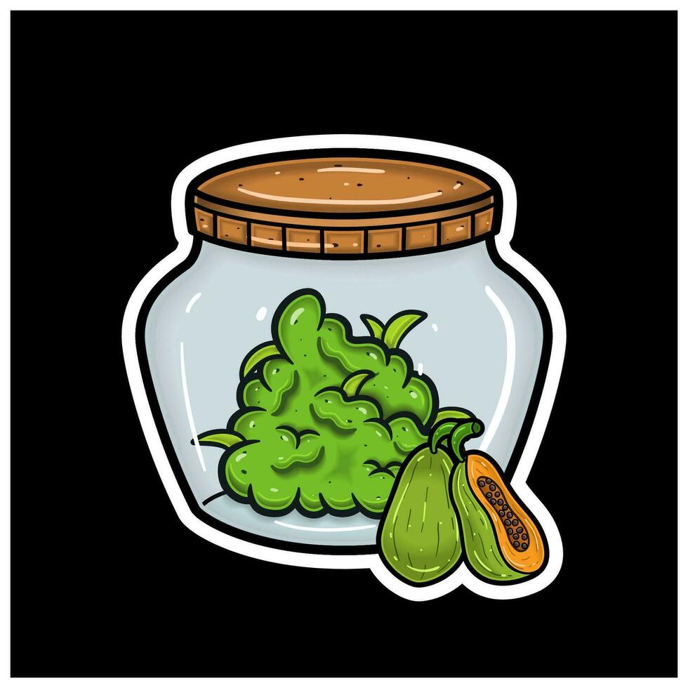 Papaye fruit saveur avec dessin animé mascotte de cannabis bourgeon sur pot. pour autocollant et étiqueter. vecteur