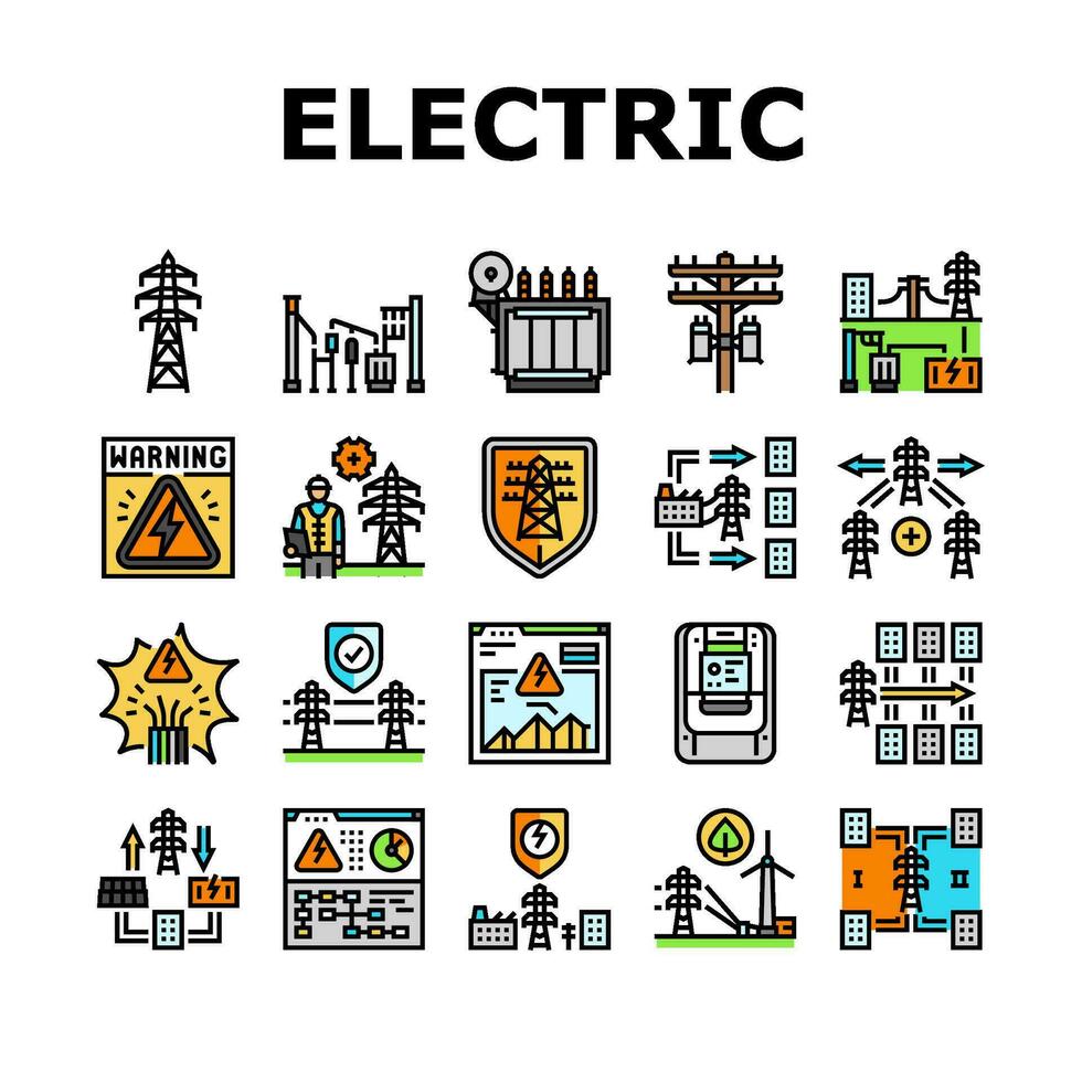 électrique la grille énergie Puissance Icônes ensemble vecteur