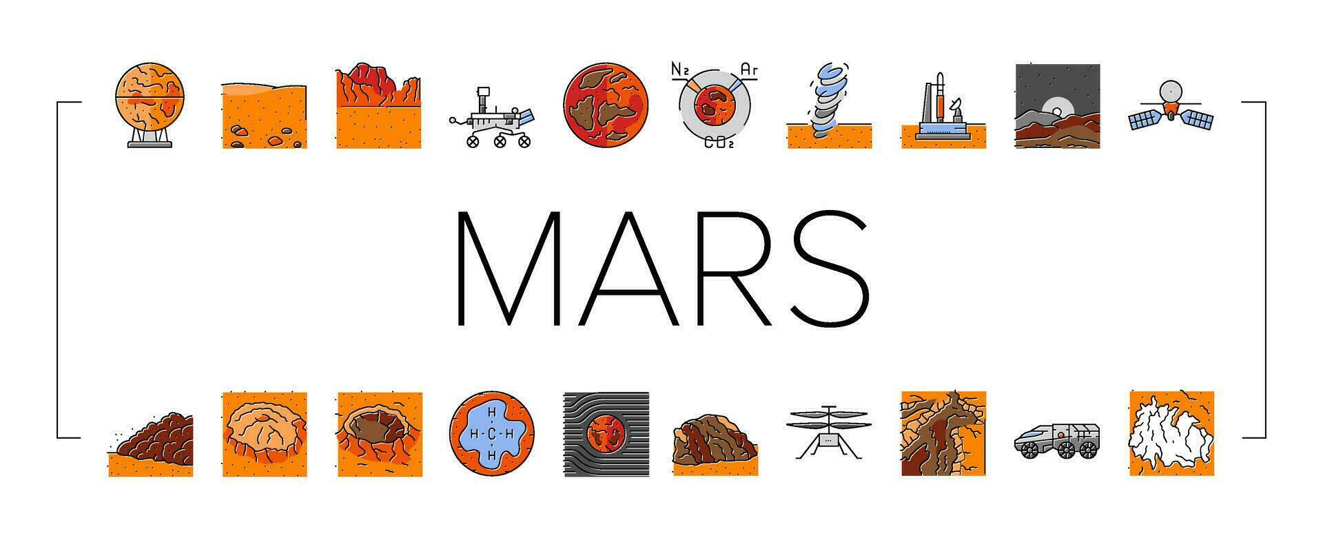 Mars planète espace astronomie Icônes ensemble vecteur