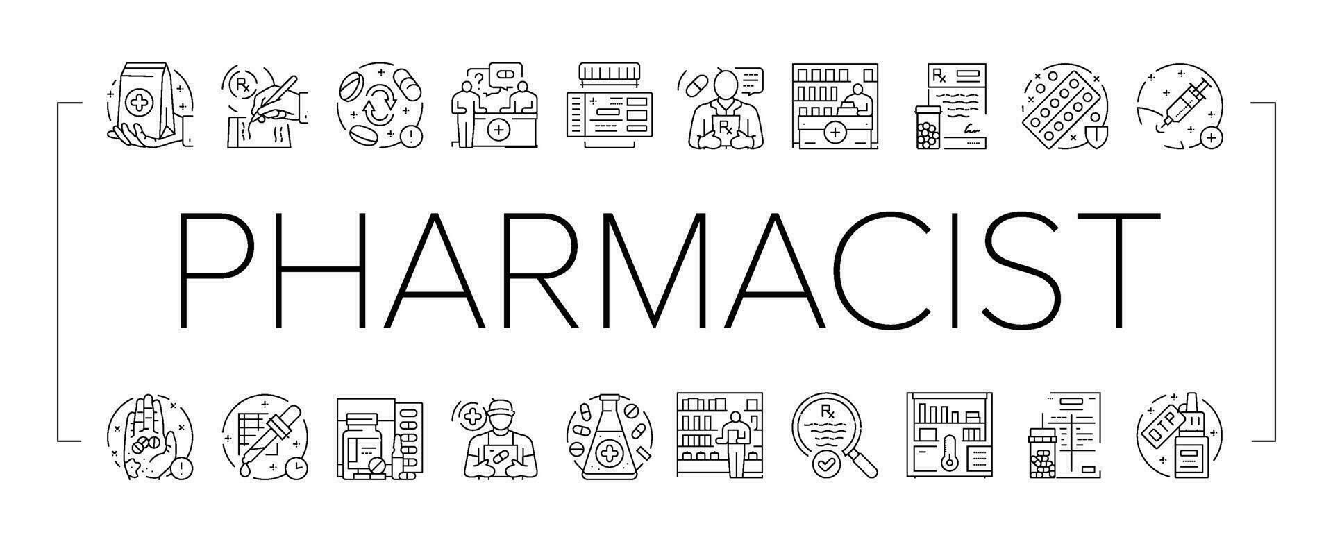 pharmacien médicament vente au détail Icônes ensemble vecteur