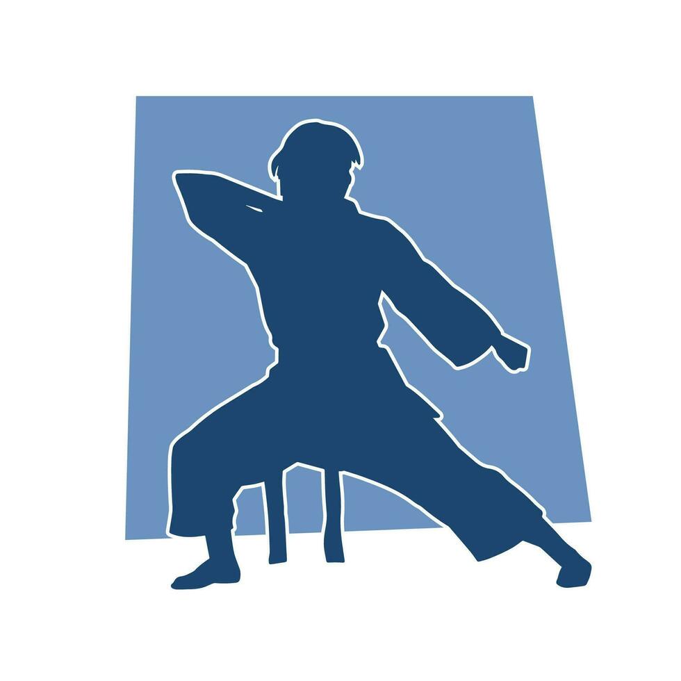 silhouette de une svelte femelle Faire martial art pose. silhouette de une martial art femme dans action pose. vecteur