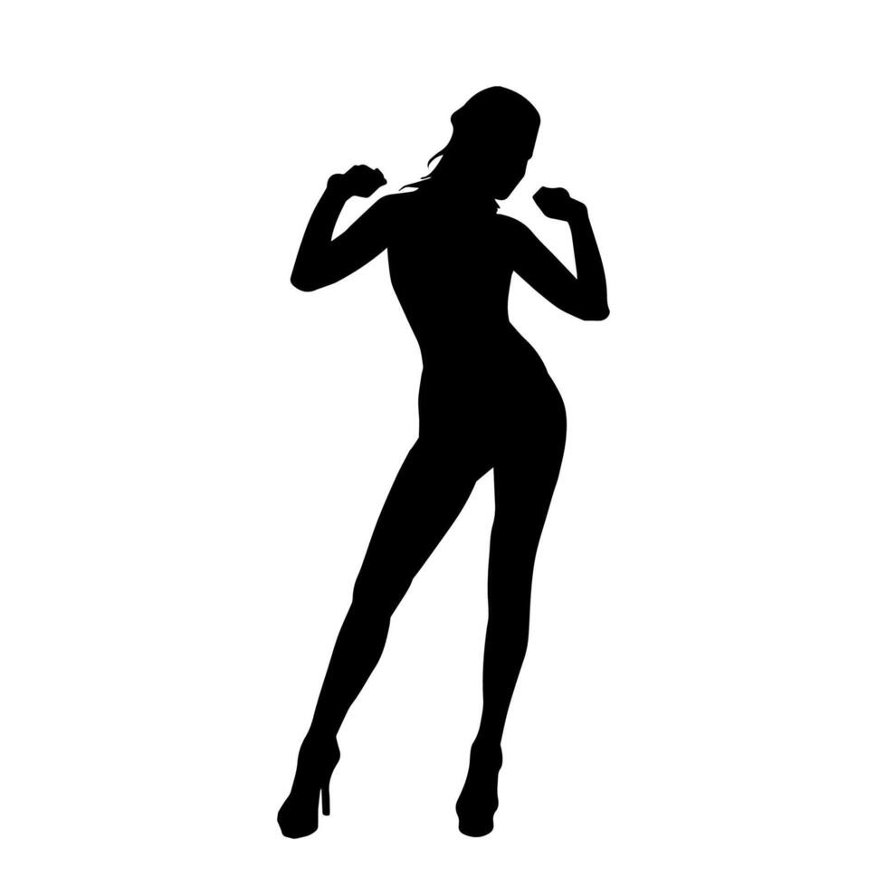 silhouette de une Jeune svelte femelle modèle dans serré tenue. silhouette de une svelte femme dans féminin pose. vecteur