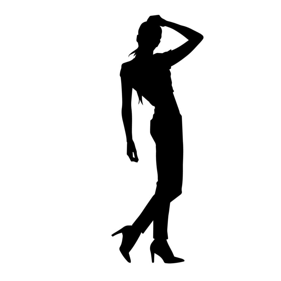 silhouette de une Jeune svelte femelle modèle dans serré tenue. silhouette de une svelte femme dans féminin pose. vecteur