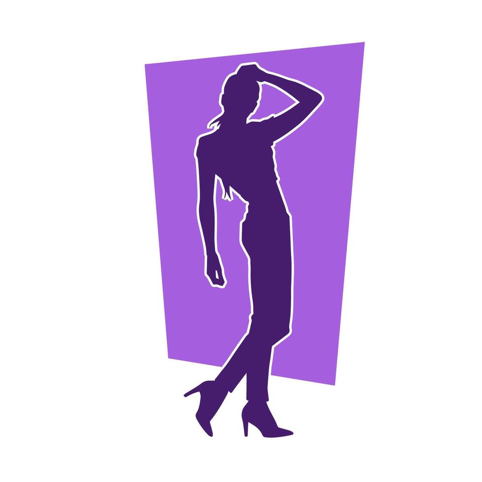 silhouette de une Jeune svelte femelle modèle dans serré tenue. silhouette de une svelte femme dans féminin pose. vecteur