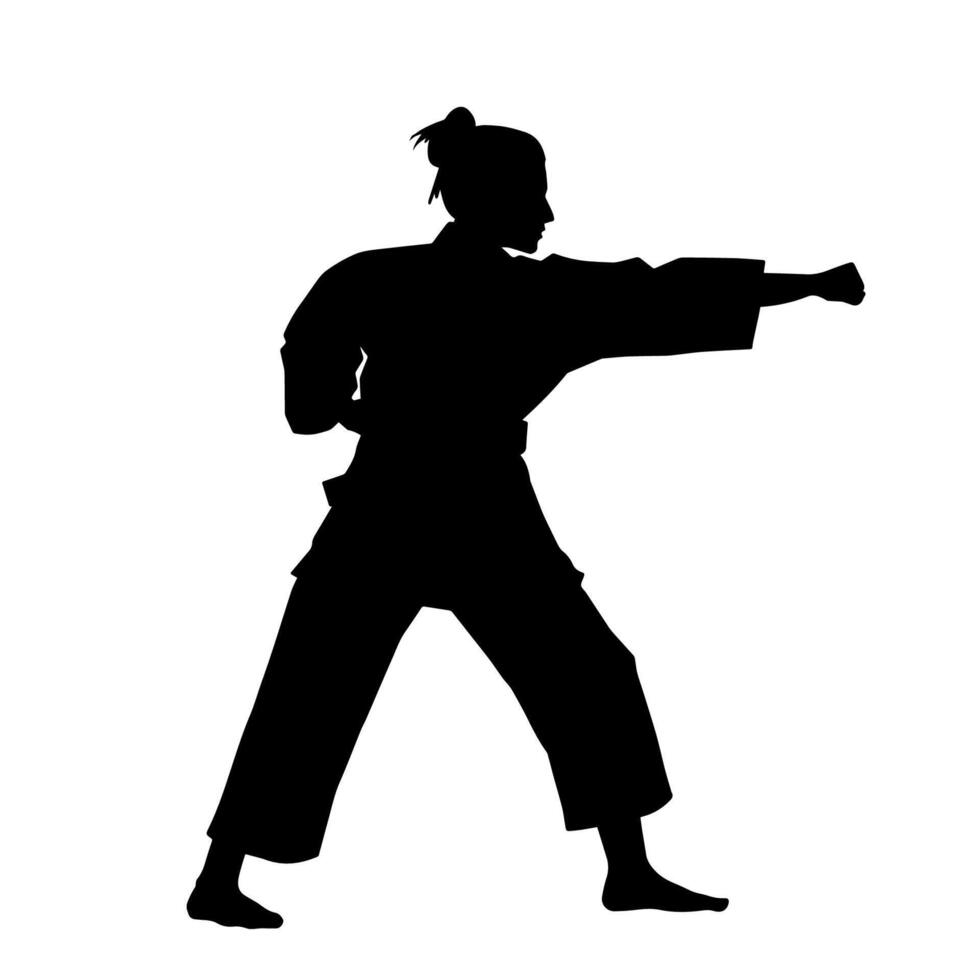 silhouette de une svelte femelle Faire martial art pose. silhouette de une martial art femme dans action pose. vecteur