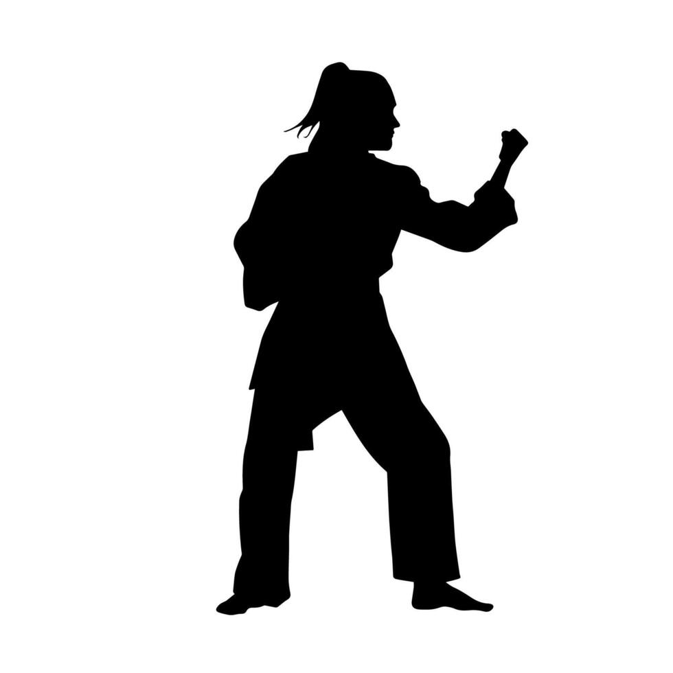 silhouette de une svelte femelle Faire martial art pose. silhouette de une martial art femme dans action pose. vecteur