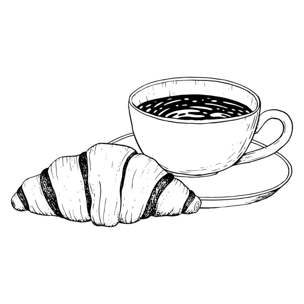 café tasse avec Chocolat et français croissant vecteur noir et blanc illustration pour café casser, petit-déjeuner, menus, invitations