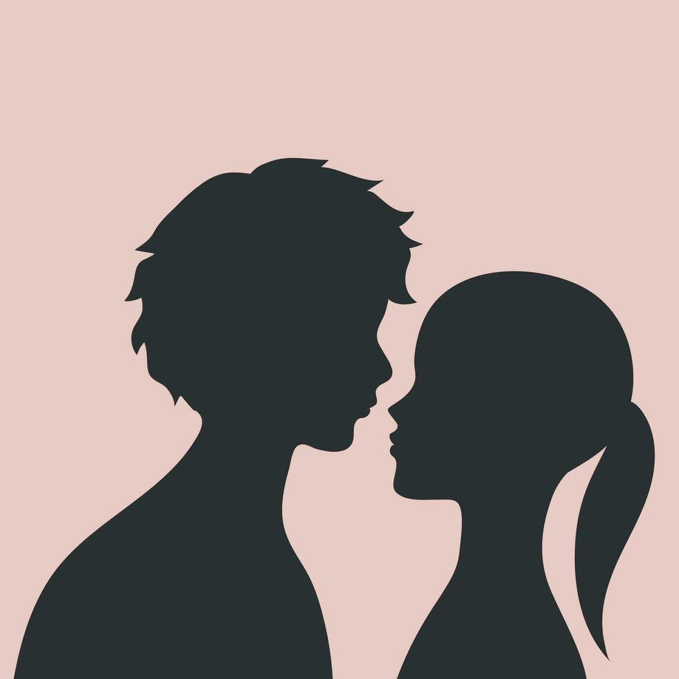 gars et fille silhouettes. silhouettes de les amoureux homme et femme permanent visage à affronter. vecteur illustration