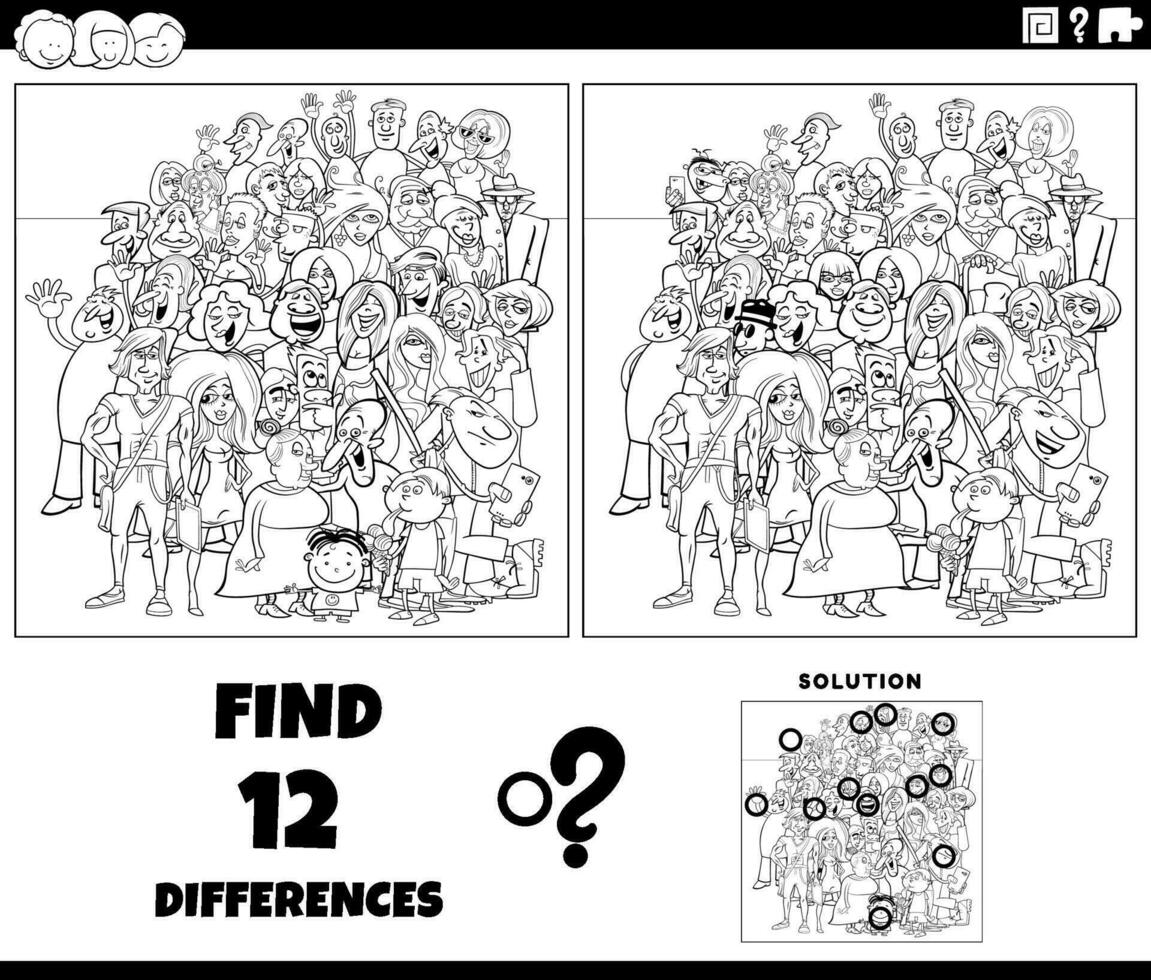 différences Jeu avec dessin animé gens foule coloration page vecteur