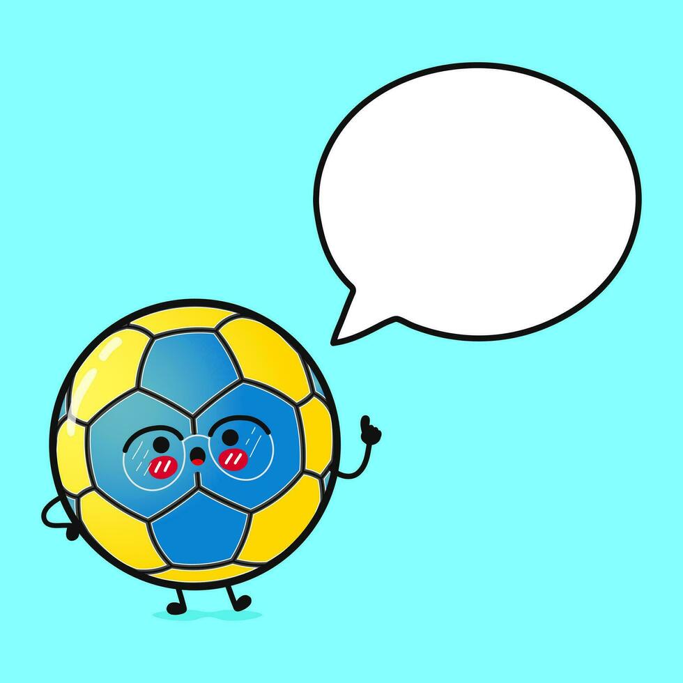 handball avec discours bulle. vecteur main tiré dessin animé kawaii personnage illustration icône. isolé sur bleu Contexte. handball Balle personnage concept