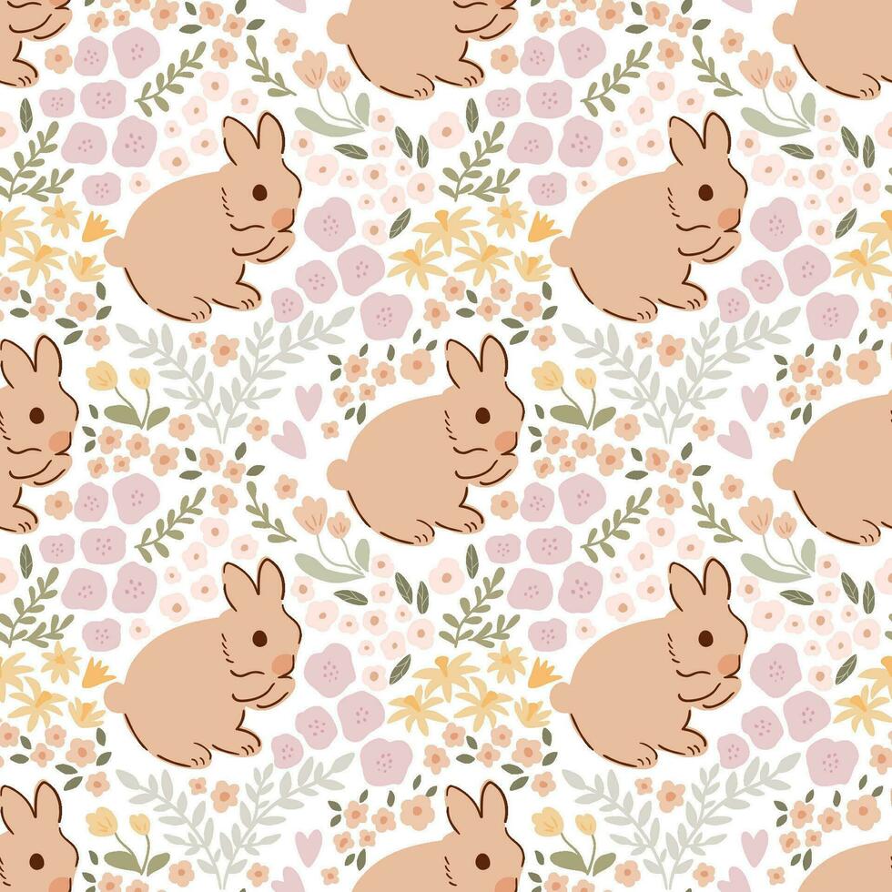 doux beige Pâques lapin floral sans couture modèle. mignonne damassé imprimer. bébé lapin asseoir dans minuscule fleurs printemps champ. pastel ferme animal répéter Contexte. sucré main tiré tissu, chalet coeur textile vecteur