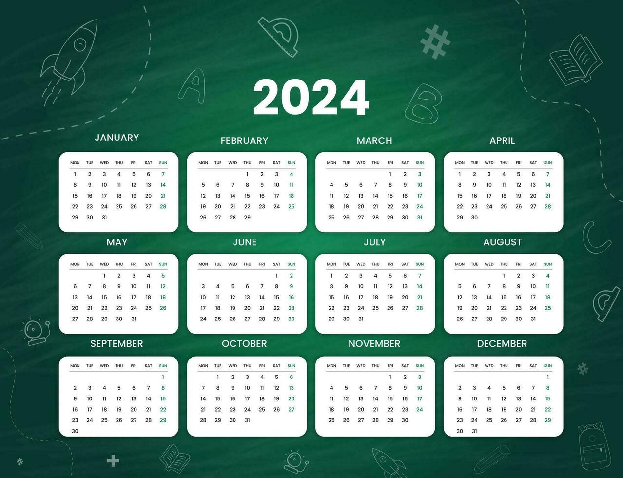 vert minimal 2024 bureau calendrier modèle, cool main tiré école objet Contexte conception vecteur