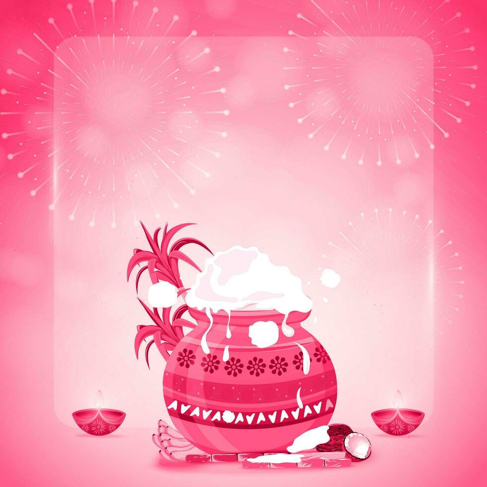 content pongal Festival salutation carte avec riz bol et feux d'artifice Contexte vecteur