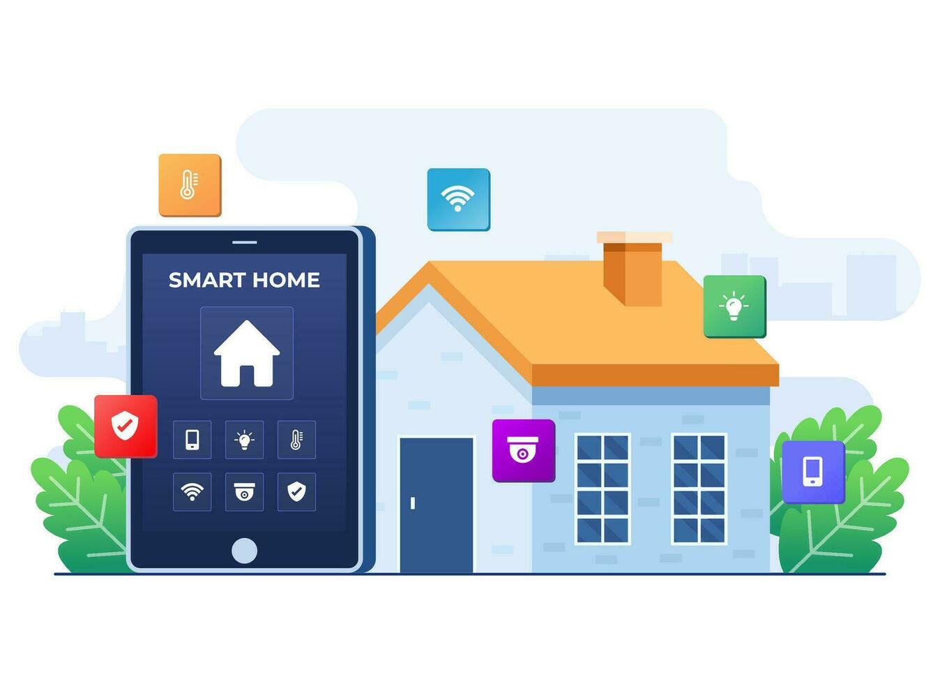 intelligent Accueil application concept plat illustration, Accueil automatisation, contrôler maison dispositifs en utilisant tablette, éloigné Accueil contrôle technologie, maison La technologie système avec sans fil centralisé contrôle vecteur