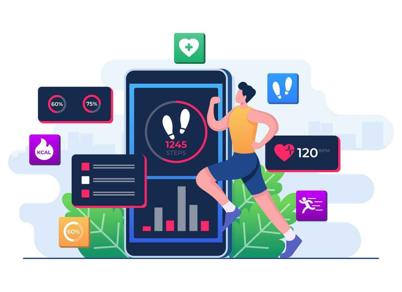 homme personnage fonctionnement et Faire entraînement, aptitude traqueur mobile app plat illustration vecteur modèle, intelligent fonctionnement, entraînement, des sports des exercices, surveillance cœur taux dans aptitude app sur une téléphone intelligent