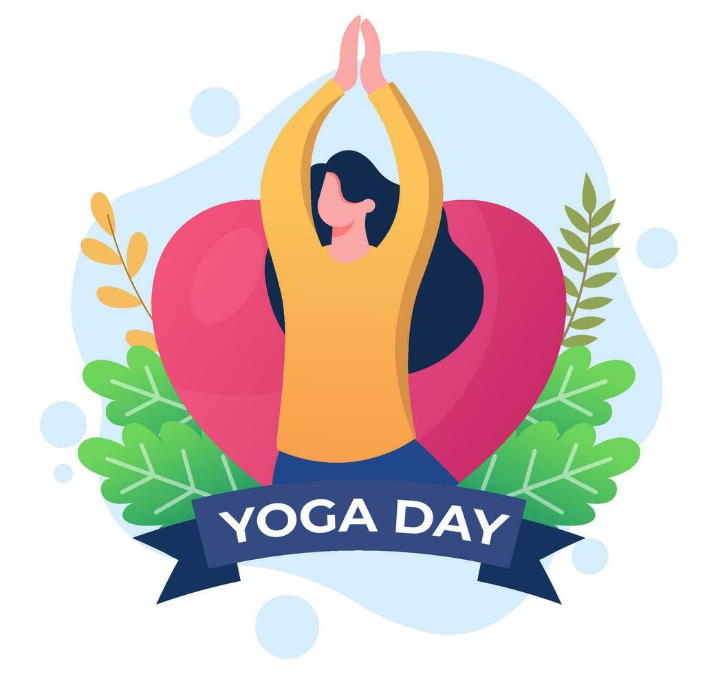 content international yoga journée plat illustration vecteur modèle, femme méditer sur feuilles arrière-plan, en bonne santé mode de vie, yoga, méditation, relaxation, gens exercice en bonne santé mode de vie