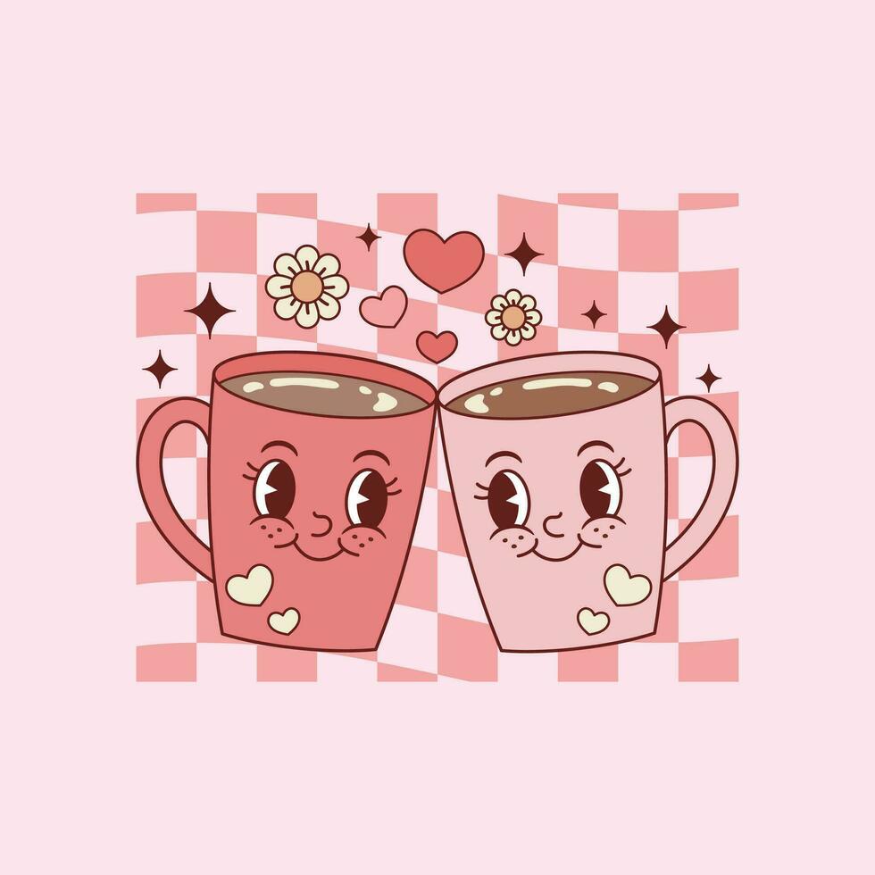 mignonne rétro illustration de deux tasses de café comme une couple pour café les amoureux et les amoureux dans l'amour vecteur