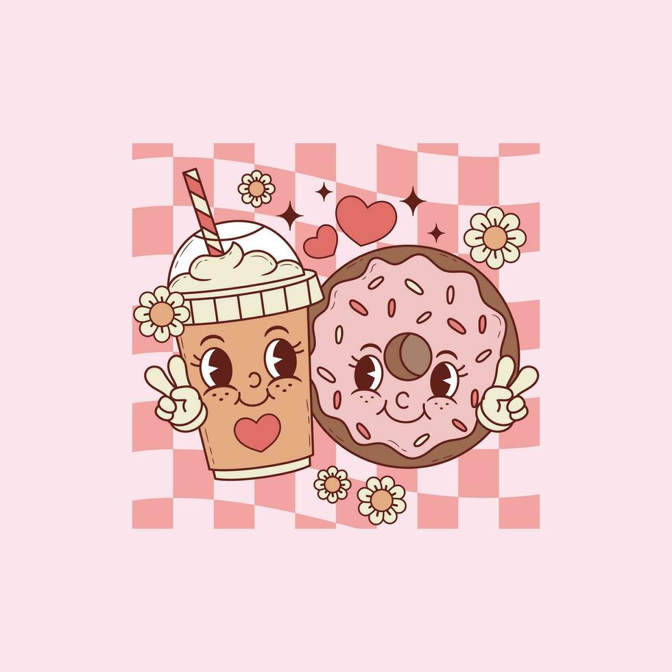 mignonne rétro illustration de Expresso café tasse avec Donut pour café les amoureux et les amoureux dans l'amour vecteur