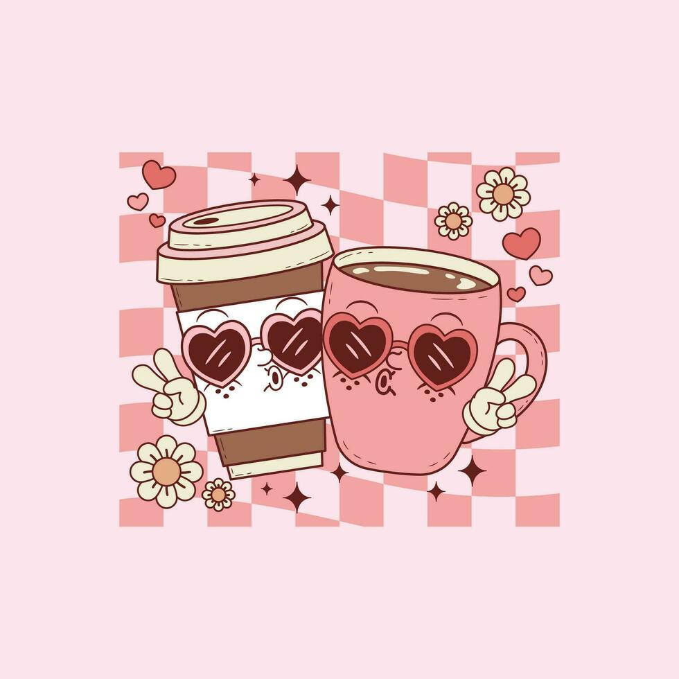 mignonne rétro illustration de Expresso et café tasse avec cœur des lunettes pour café les amoureux et les amoureux dans l'amour vecteur