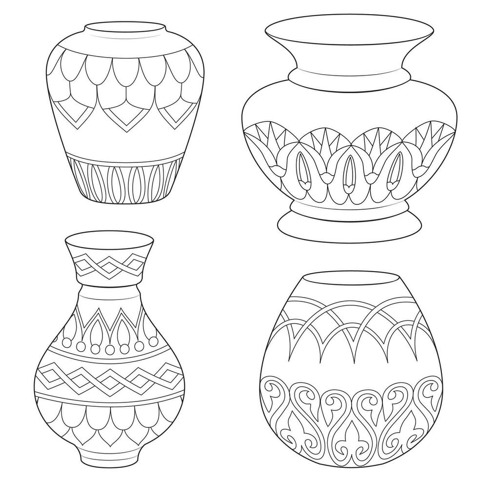 contour des vases et amphore ensemble, vecteur linéaire. vase poterie, ancien pot grec