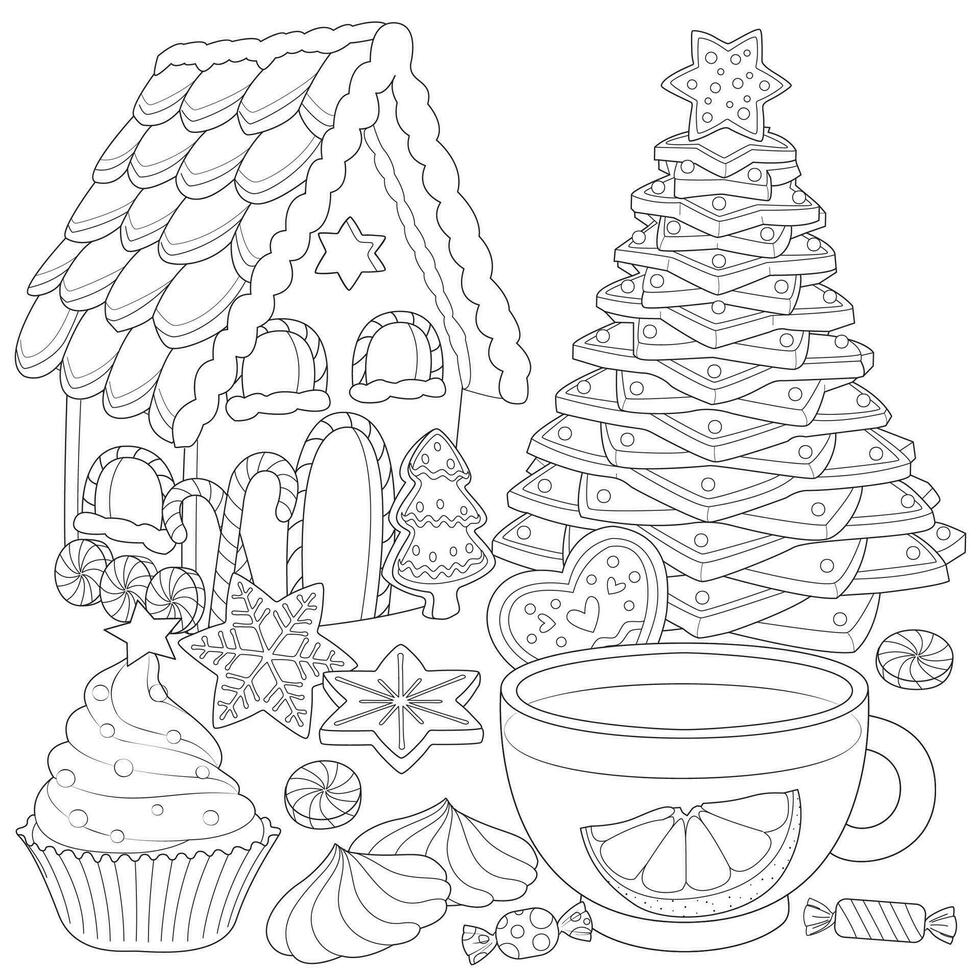 Noël thé fête hiver vacances illustration noir et blanche. coloration page vecteur