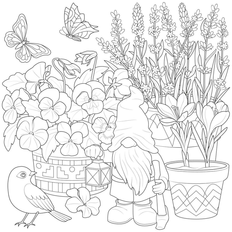 jardin gnome avec oiseau et fleurs vecteur