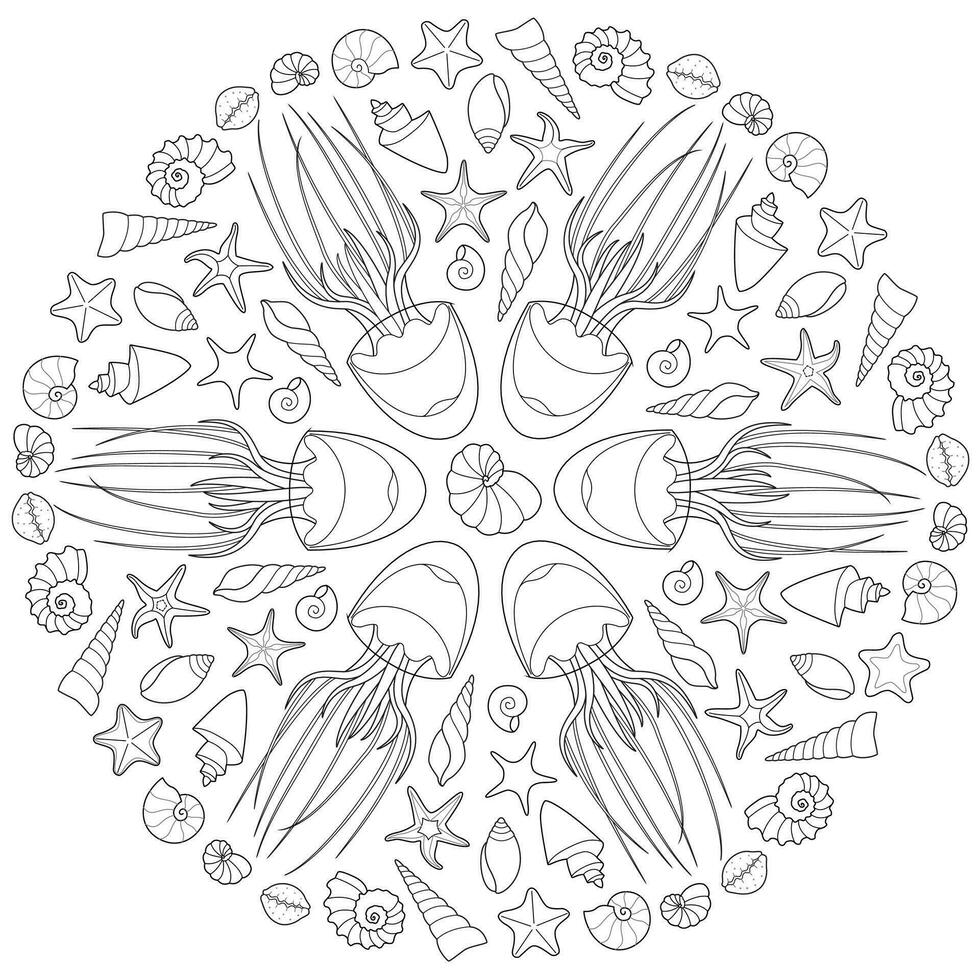 mer mandala avec coquilles et méduse. anti stress coloration page pour des gamins et adultes. vecteur