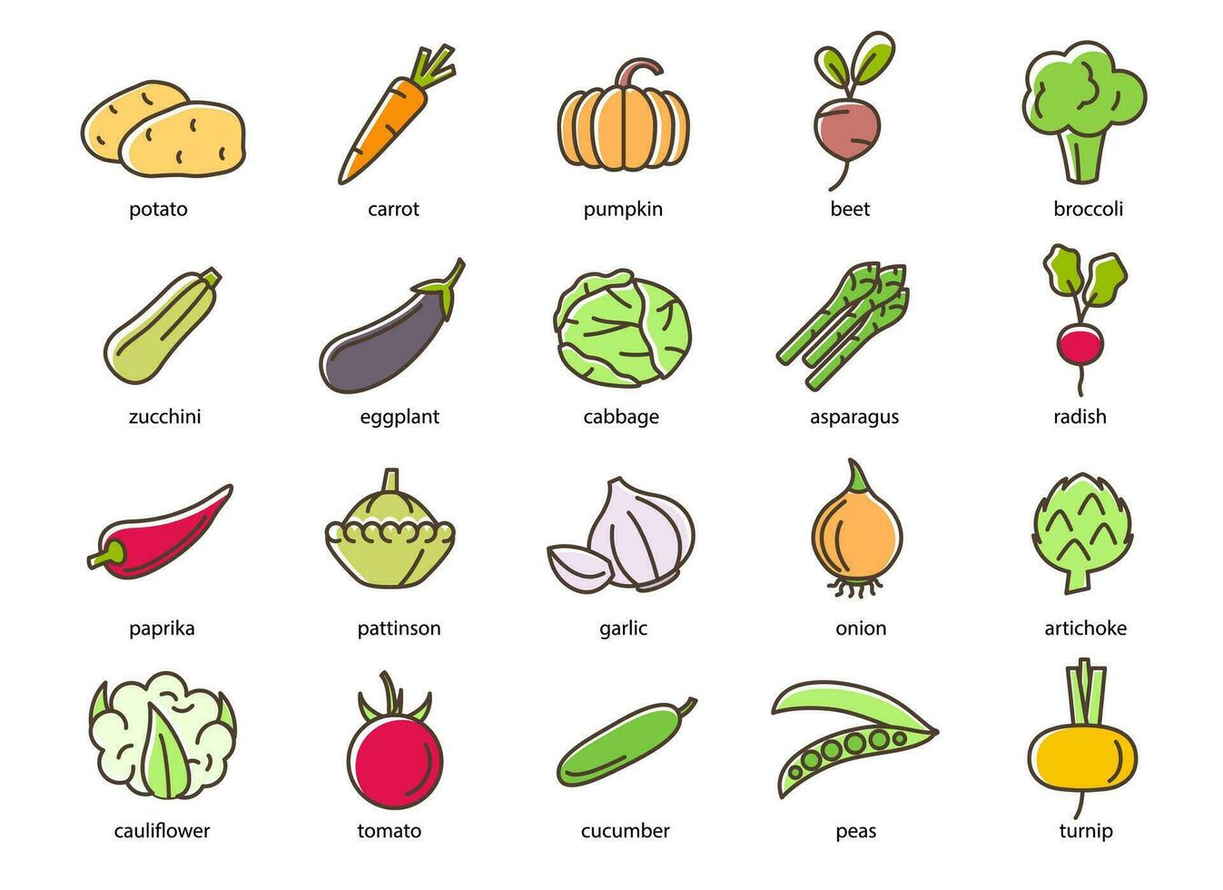 des légumes signe Couleur mince ligne icône ensemble. vecteur