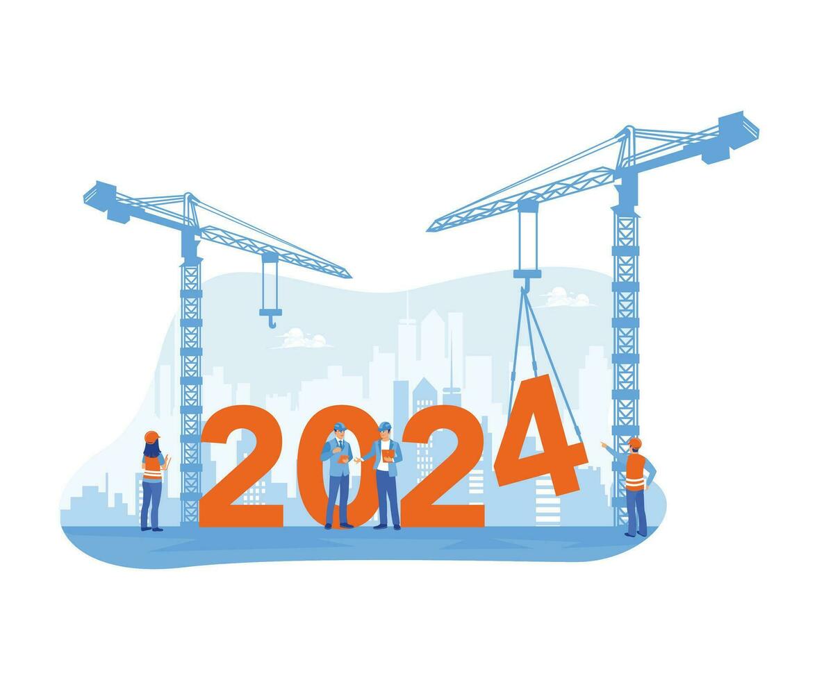 construction ouvriers empiler le Nombres 2024 avec une grue. Bienvenue à le Nouveau année à le bâtiment placer. affaires dans le Nouveau année 2024 concept. tendance moderne vecteur plat illustration