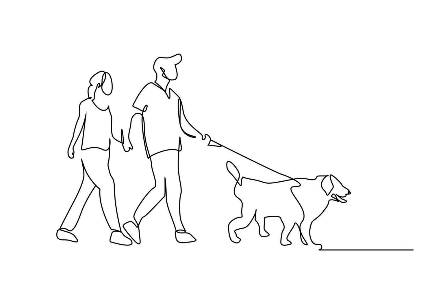femme homme couple d'or chien en marchant ensemble à l'extérieur dans le parc ligne art conception vecteur