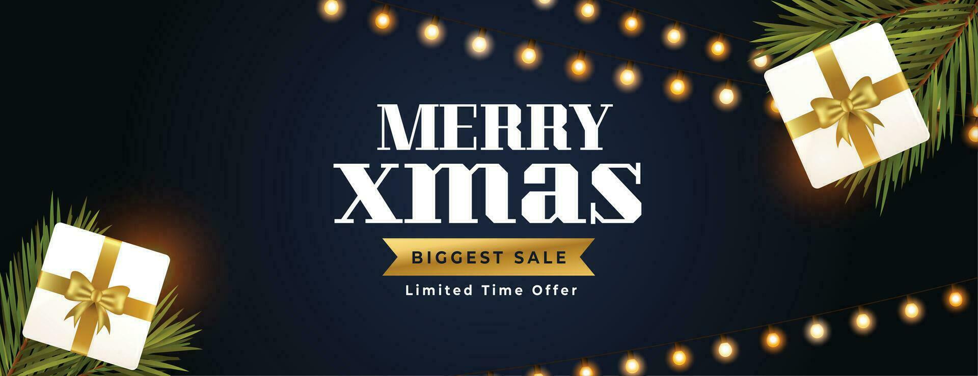 joyeux Noël le plus gros vente bannière avec 3d boite cadeau et sapin branches vecteur
