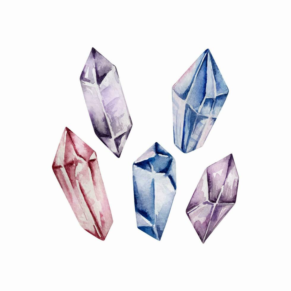 aquarelle ensemble cristaux, minéral, gemme vecteur