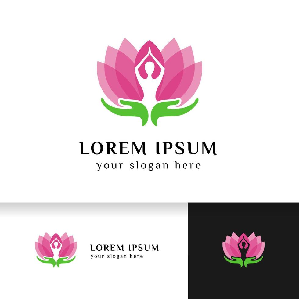 stock de conception de logo de yoga dans le style de couleur de superposition. méditation humaine en fleur de lotus avec illustration vectorielle de soins des mains vecteur