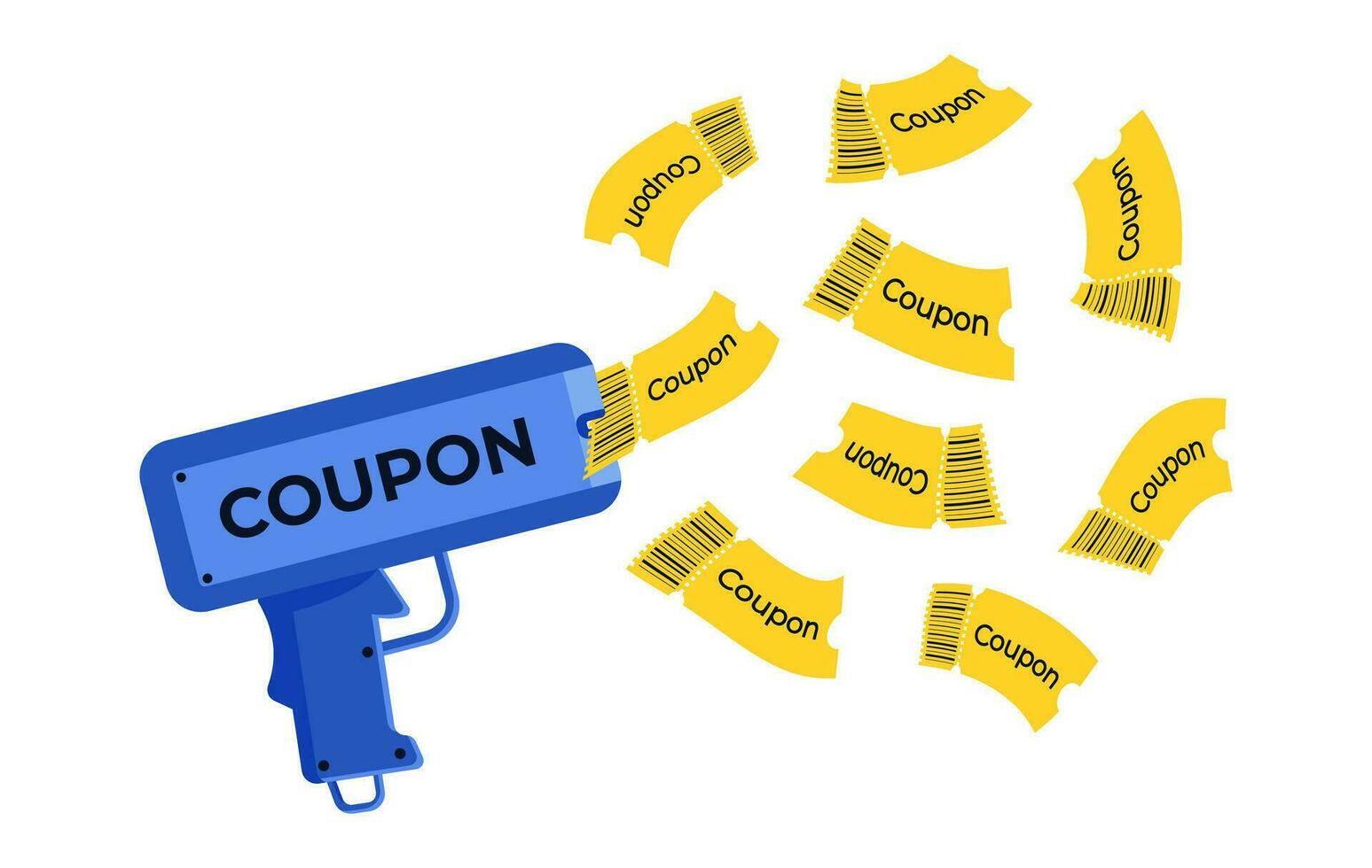 bleu, coupon pistolet. tirer le jouet pistolet avec Jaune coupons. spécial offre un événement illustration. moderne style. branché plat vecteur illustration.