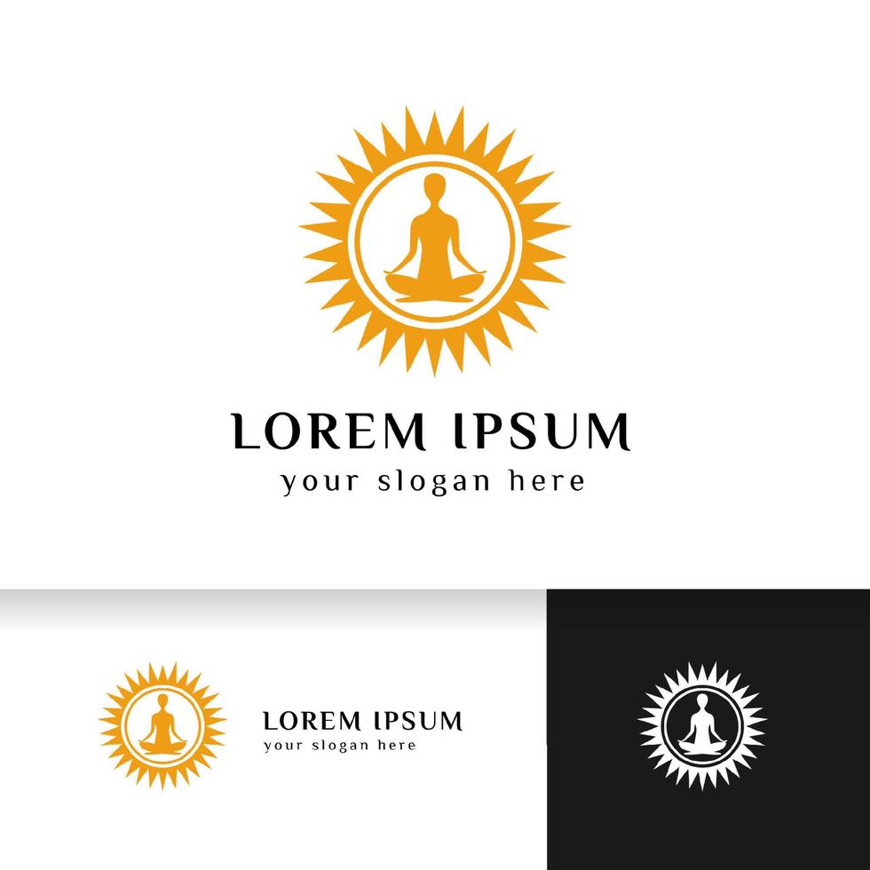 modèle de conception de logo de yoga. méditation humaine dans l'illustration vectorielle du soleil en couleur orange vecteur