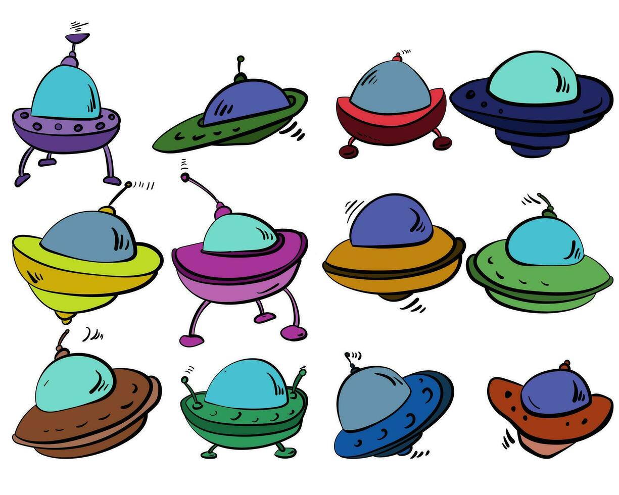 ensemble de vaisseaux spatiaux de différent formes et couleurs, divers OVNI Véhicules pour conception et la créativité vecteur