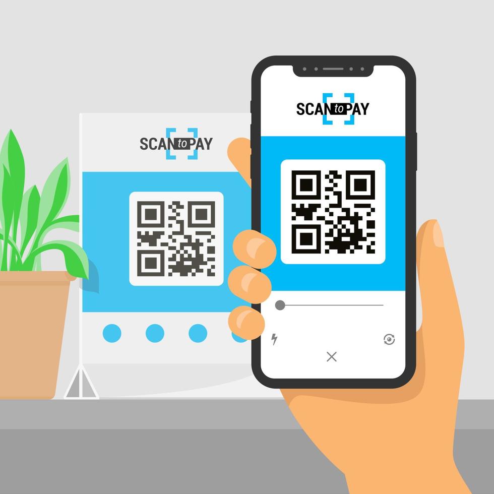 smartphone à écran avec application en main. numérisation du code qr sur la table et paiement en ligne, transfert d'argent. illustration du style plat. infographie isométrique vectorielle. vecteur