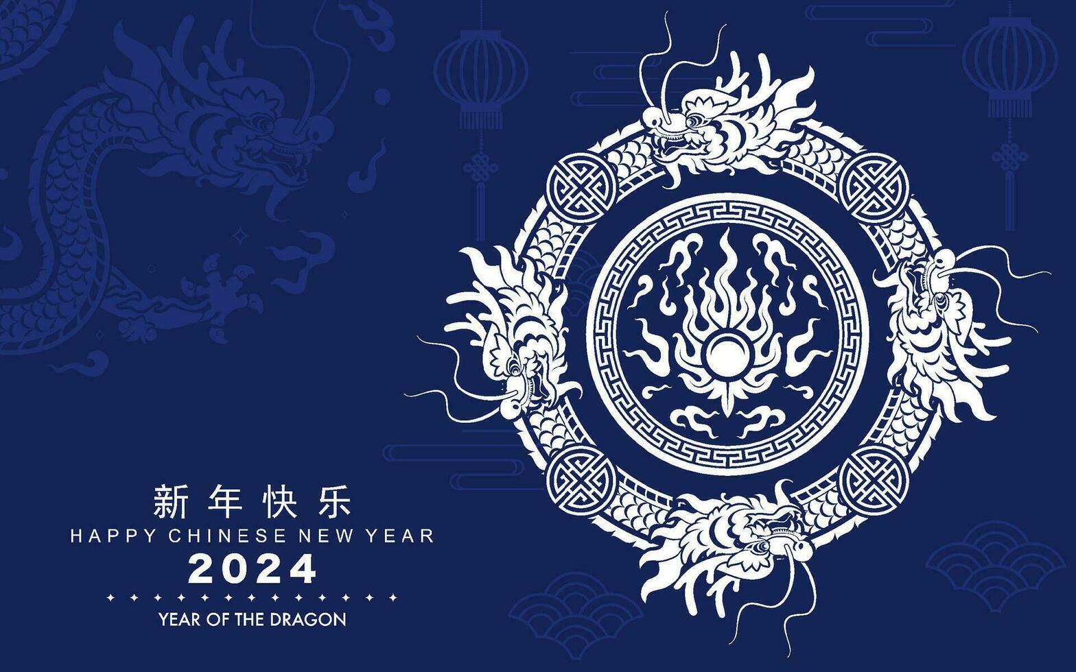 content chinois Nouveau année 2024 le dragon zodiaque signe avec fleur, lanterne, asiatique éléments vecteur