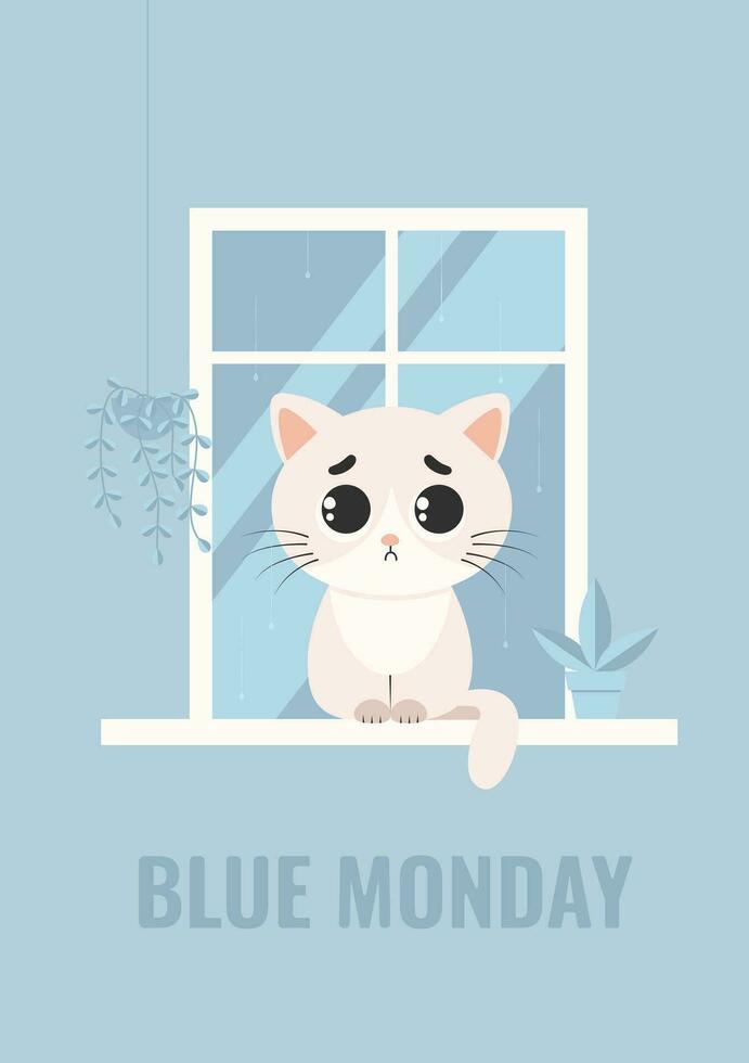 une triste chat est assis sur le rebord de fenêtre parmi fleur marmites, ses il pleut à l'extérieur le la fenêtre. carte bleu Lundi concept le plus triste et déprimant journée de le an. vecteur