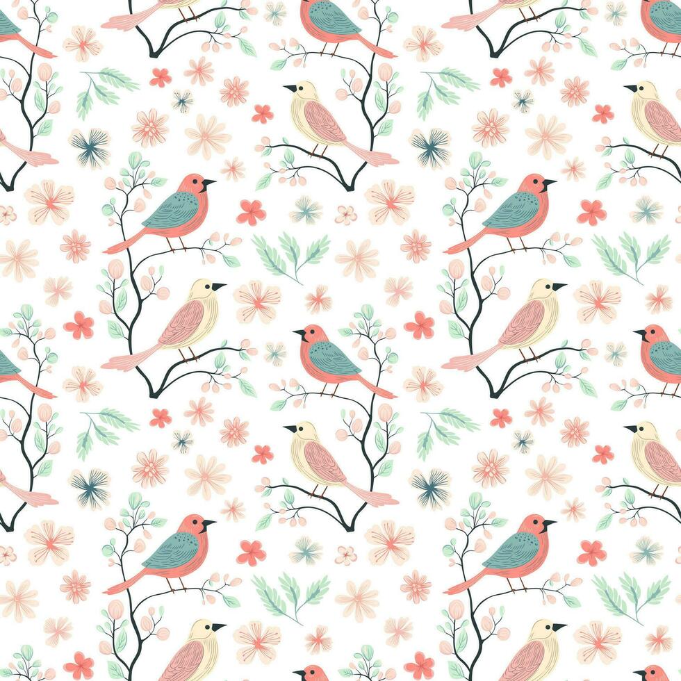 vecteur sans couture modèle avec mignonne des oiseaux. printemps arrière-plans dans populaire style. ancien romantique la nature main tiré imprimer.