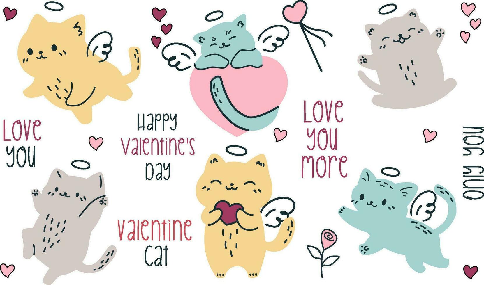vecteur ensemble dans griffonnage style. mignonne chatons les amours. les inscriptions sur le thème de la Saint-Valentin journée. cœurs, fleurs et chats sur blanc Contexte