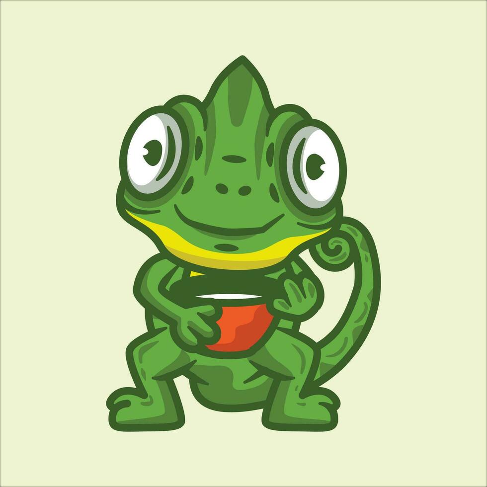 mignonne caméléon en portant une bol dessin animé vecteur illustration