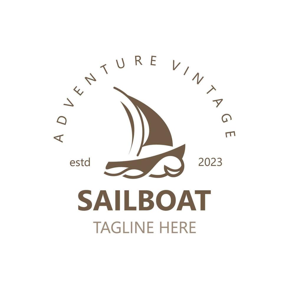 voilier ancien logo minimaliste avec vague, Voyage yacht ou voile bateau vecteur conception