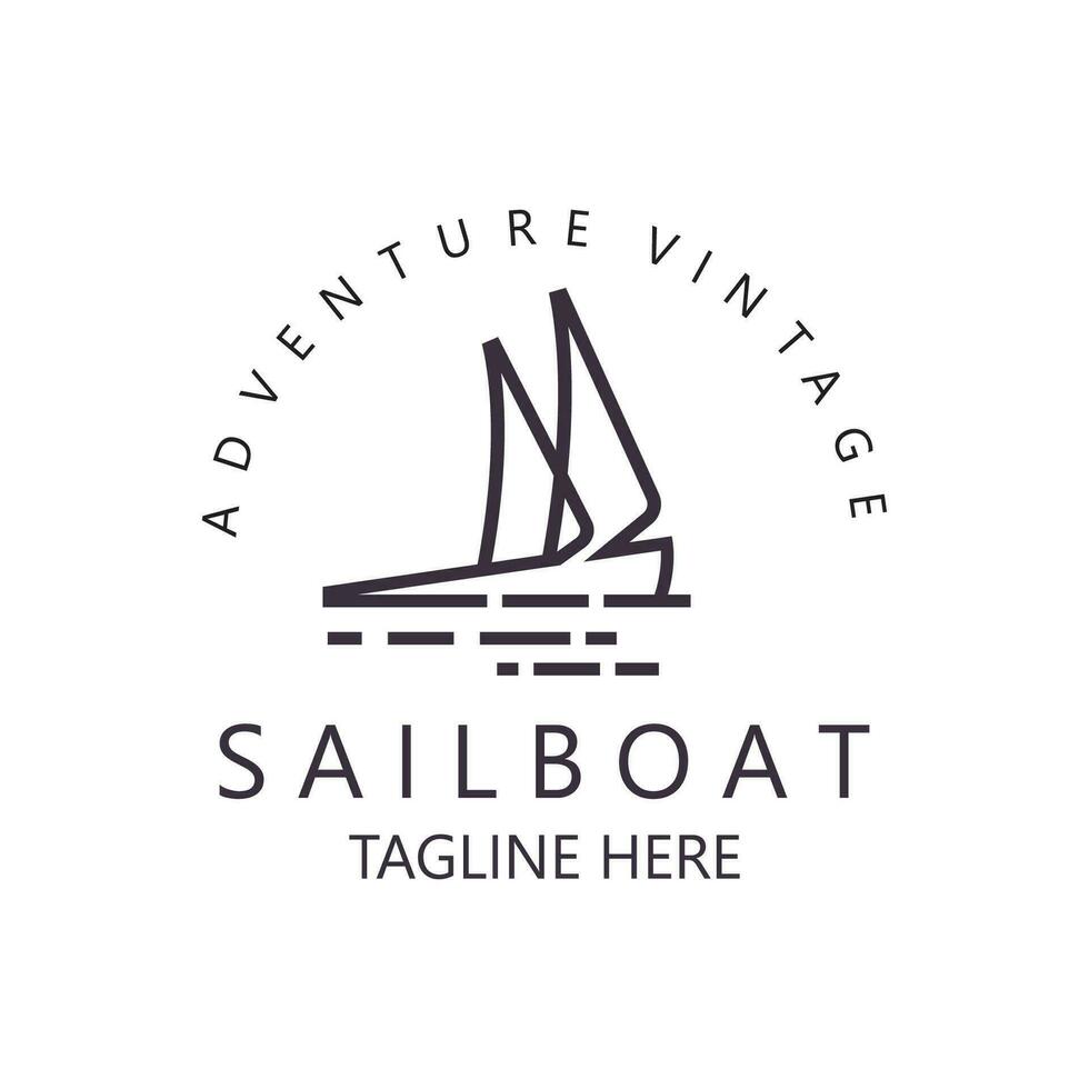 voilier ancien logo minimaliste avec vague, Voyage yacht ou voile bateau vecteur conception