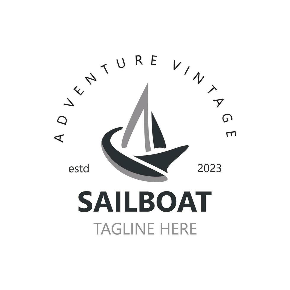 voilier ancien logo minimaliste avec vague, Voyage yacht ou voile bateau vecteur conception