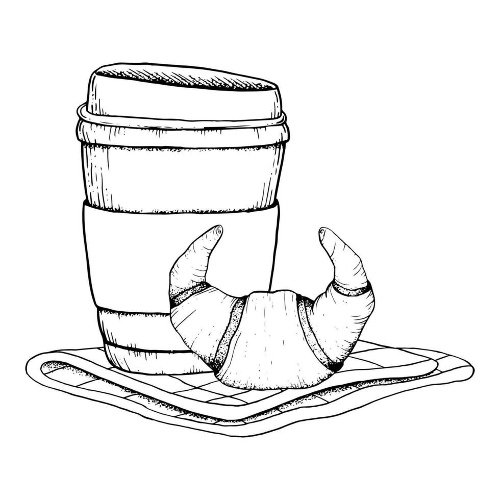 vecteur prendre en dehors café tasse avec croissant sur serviette de table noir et blanc ligne vecteur illustration pour petit déjeuner et café Pause conceptions, café, restaurant nourriture les menus