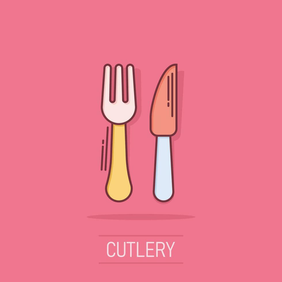 icône de restaurant fourchette et couteau dans le style comique. pictogramme d'illustration de dessin animé de vecteur d'équipement de dîner. effet d'éclaboussure de concept d'entreprise de restaurant.