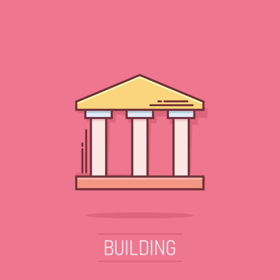 icône de bâtiment de banque dans le style comique. pictogramme d'illustration de dessin animé de vecteur d'architecture gouvernementale. effet d'éclaboussure du concept d'entreprise extérieur du musée.