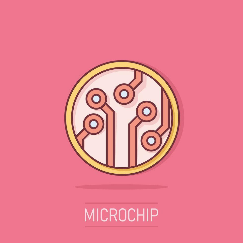 icône de circuit imprimé dans le style comique. pictogramme d'illustration de dessin animé de vecteur de puce de technologie. effet splash de concept d'entreprise de carte mère de processeur.